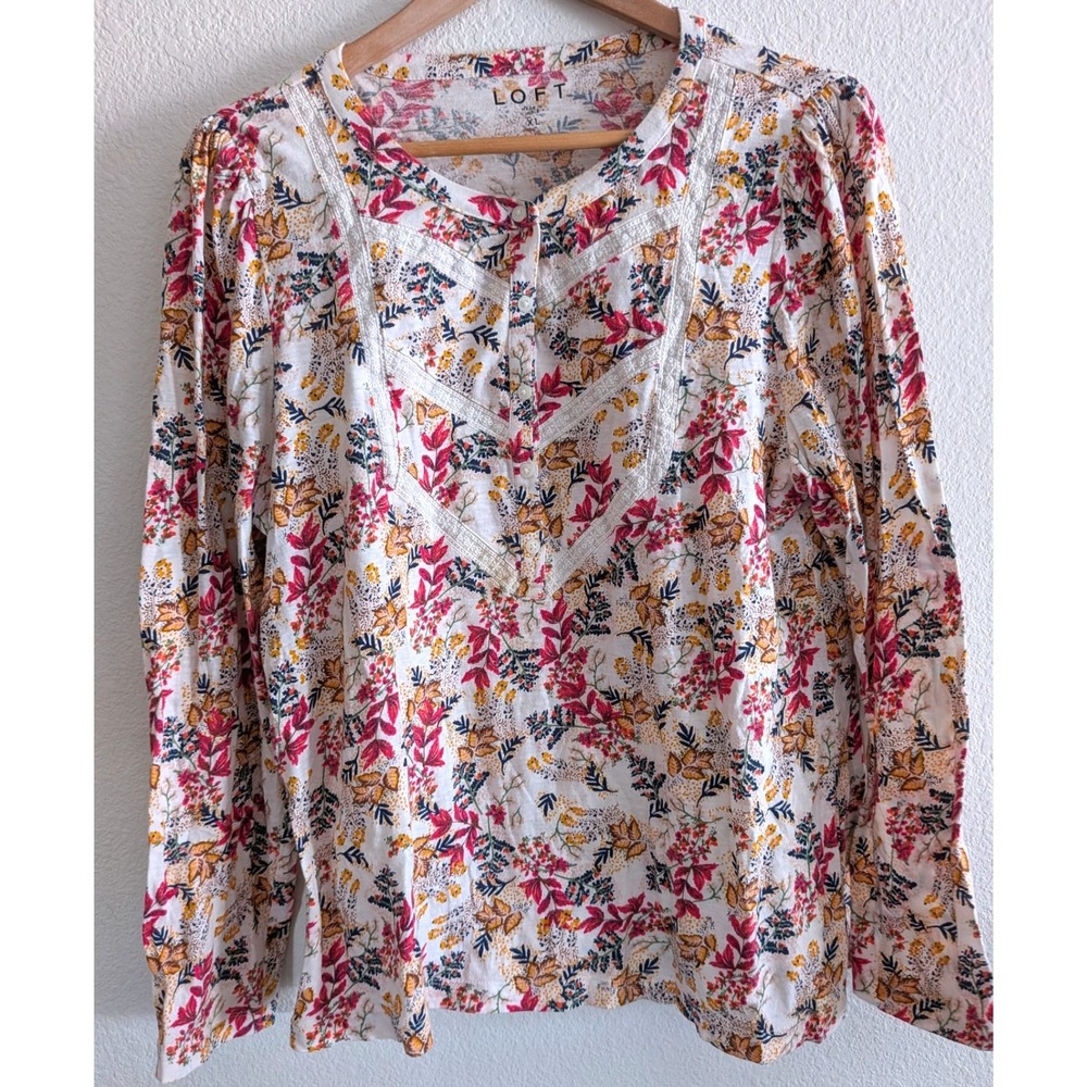 LOFT XL Floral Lace Trim Blouse Cottagecore Boho Long Sleeve Button Front Top